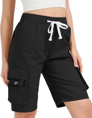 XinYangNi Women's Casual Cargo Shorts with Pockets Elastic High Waist Drawstring Bermuda Shorts for Women
