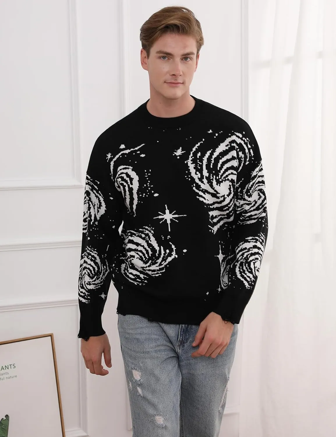 Yimoon Mens Oversized Graphic Sweater Unisex Long Sleeve Cable Knit Aesthetic Pullover Y2K Vintage Jumper Tops