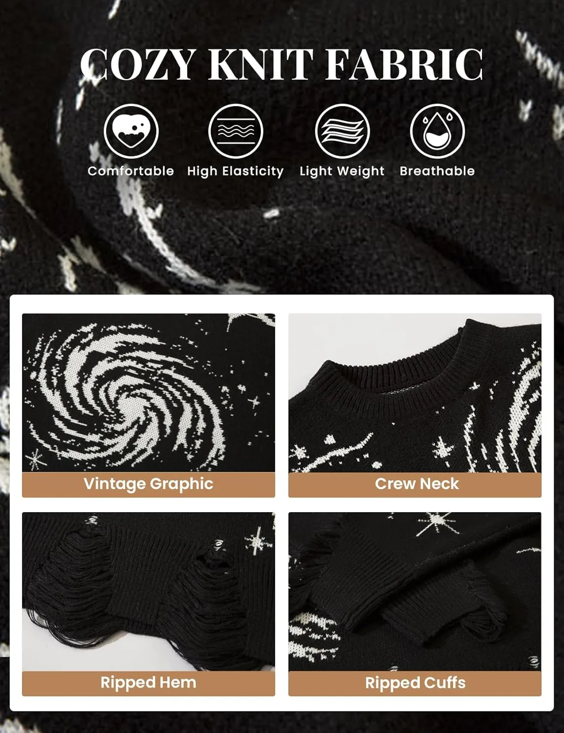 Yimoon Mens Oversized Graphic Sweater Unisex Long Sleeve Cable Knit Aesthetic Pullover Y2K Vintage Jumper Tops
