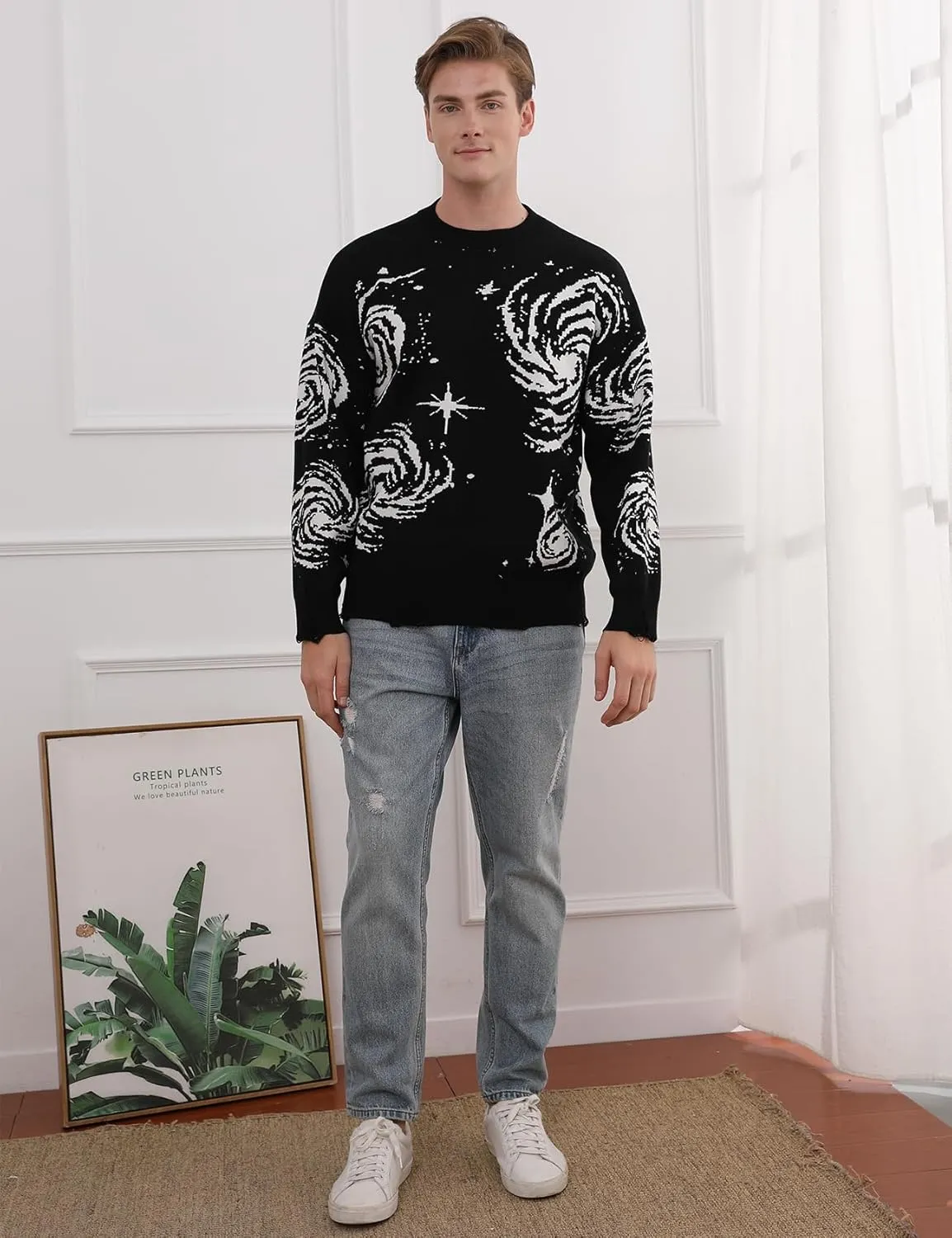 Yimoon Mens Oversized Graphic Sweater Unisex Long Sleeve Cable Knit Aesthetic Pullover Y2K Vintage Jumper Tops