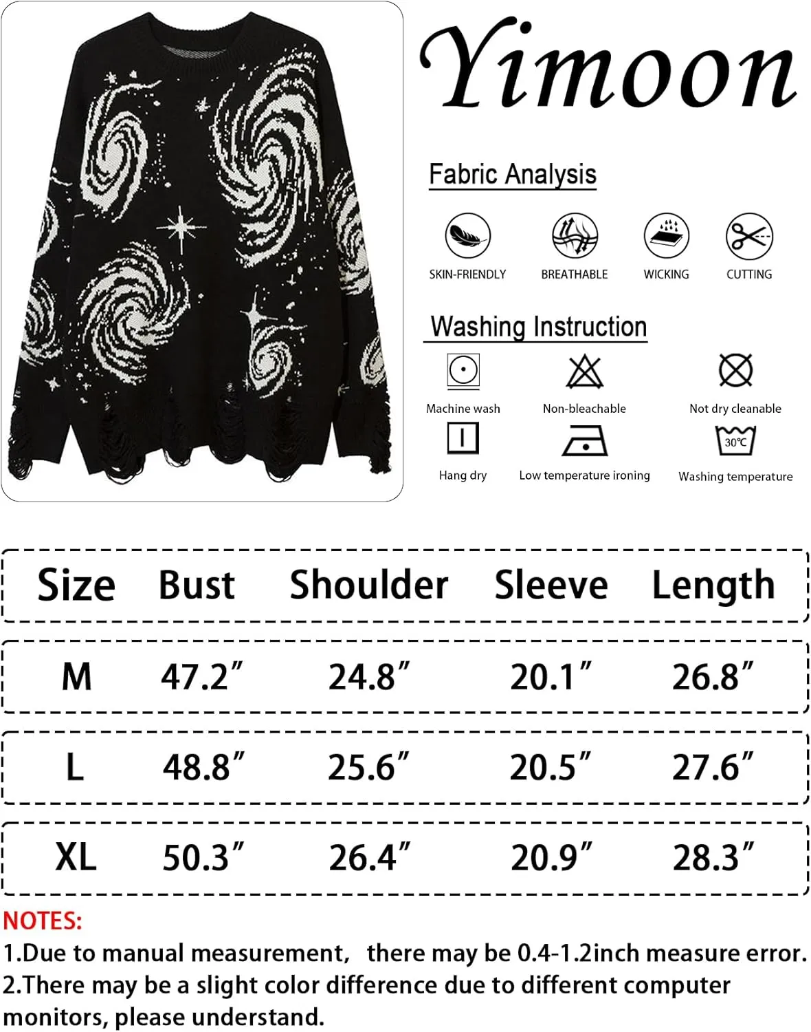 Yimoon Mens Oversized Graphic Sweater Unisex Long Sleeve Cable Knit Aesthetic Pullover Y2K Vintage Jumper Tops