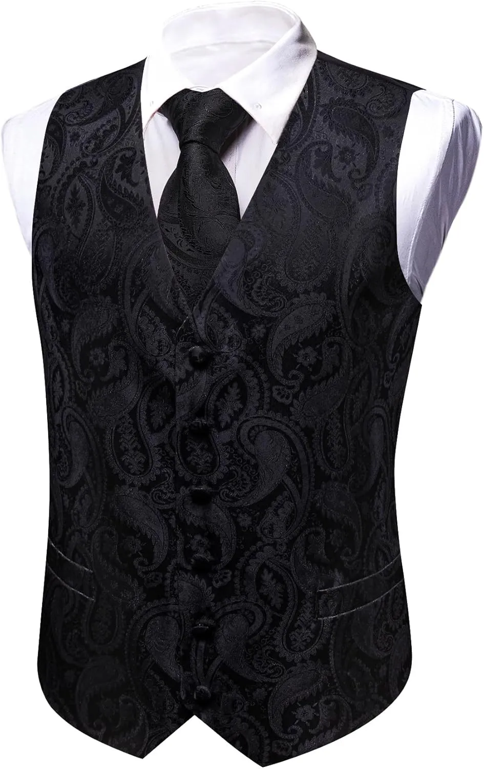 YOHOWA Mens Suit Vest Silk Tie Bowtie Set Paisley Jacquard Formal Waistcoat Clip Hanky Cufflinks Lapel Pin Wedding Party 8PCS