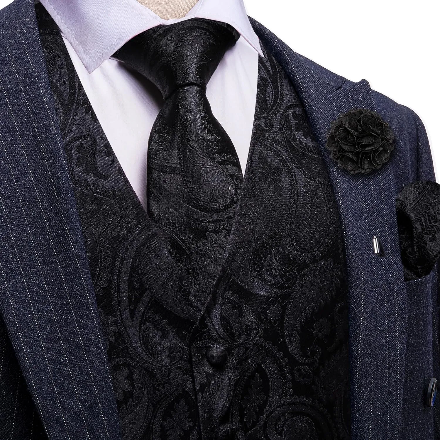 YOHOWA Mens Suit Vest Silk Tie Bowtie Set Paisley Jacquard Formal Waistcoat Clip Hanky Cufflinks Lapel Pin Wedding Party 8PCS