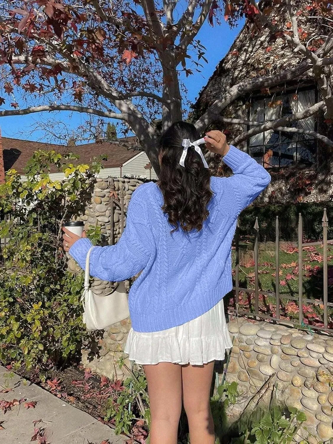 ZAFUL Cable Knit Sweaters for Women Crewneck Casual Knit Pullover Sweater Long Sleeves Jumper Tops