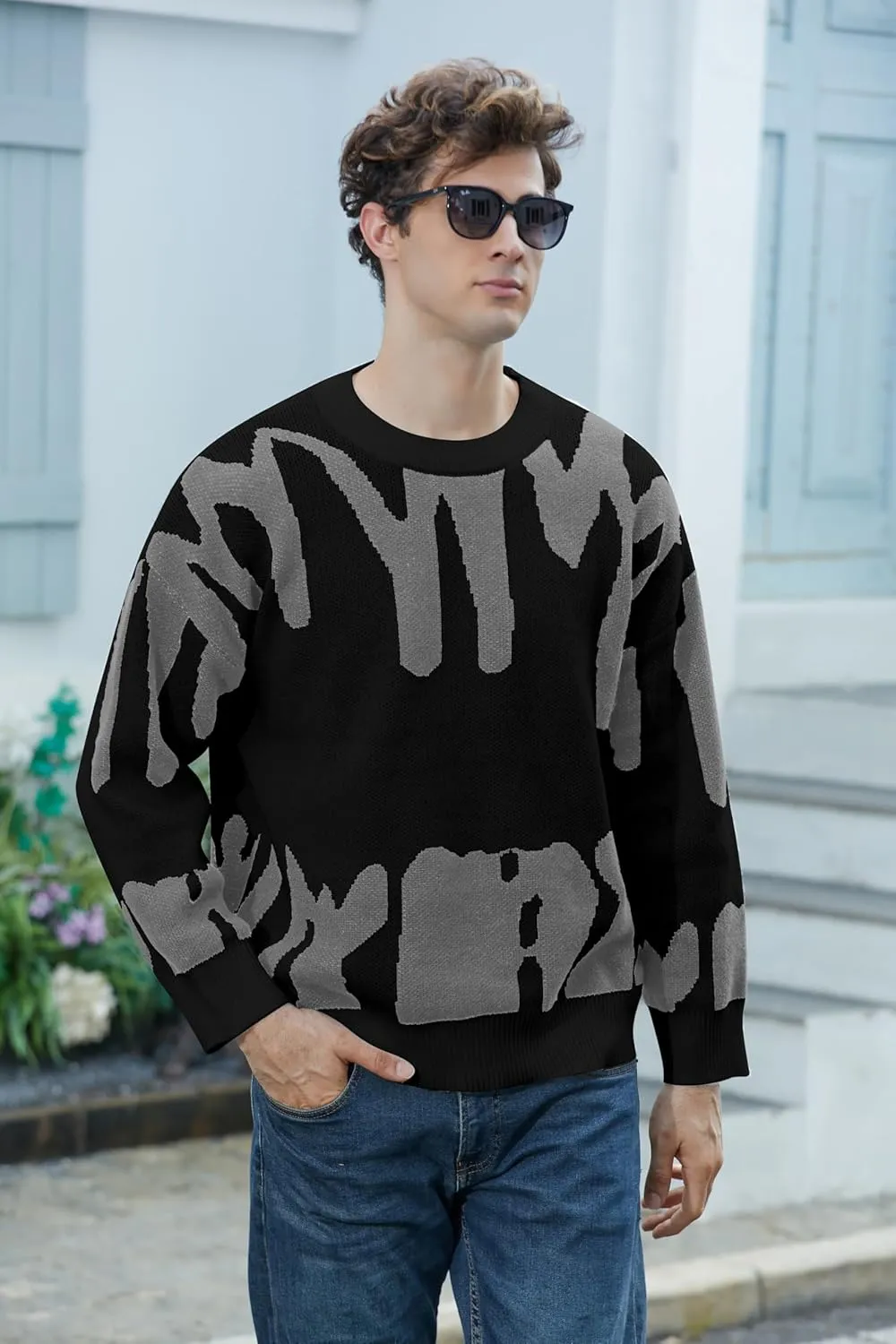 ZAFUL Men's Oversized Sweater Long Sleeve Crewneck Y2K Graphic Color Block Casual Knitted Pullover Sweater
