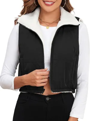 ZAFUL Women's 2024 Fleece Cropped Vest Sleeveless Zip Up Reversible Lightweight Jacket Sherpa Winter Puffer Coat Outerwear
