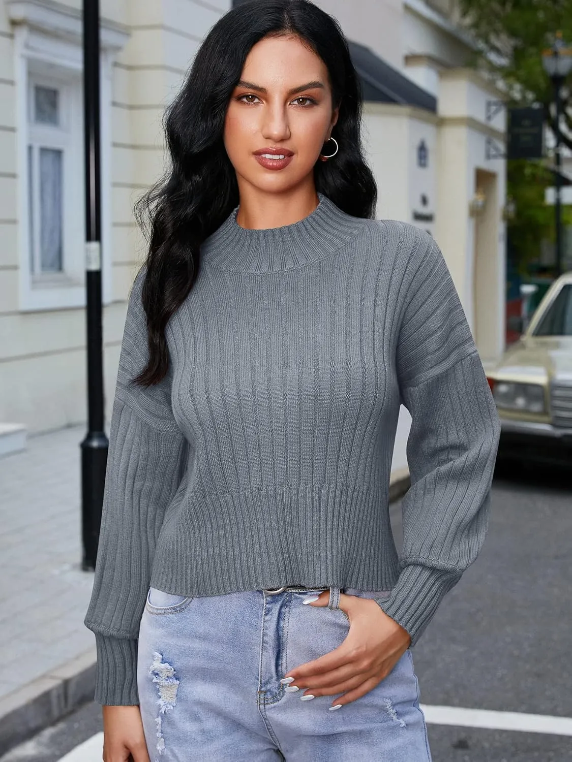 ZAFUL Women's Mock Neck Sweater Long Sleeve Ribbed Knit Basic Cropped Pullover Sweater