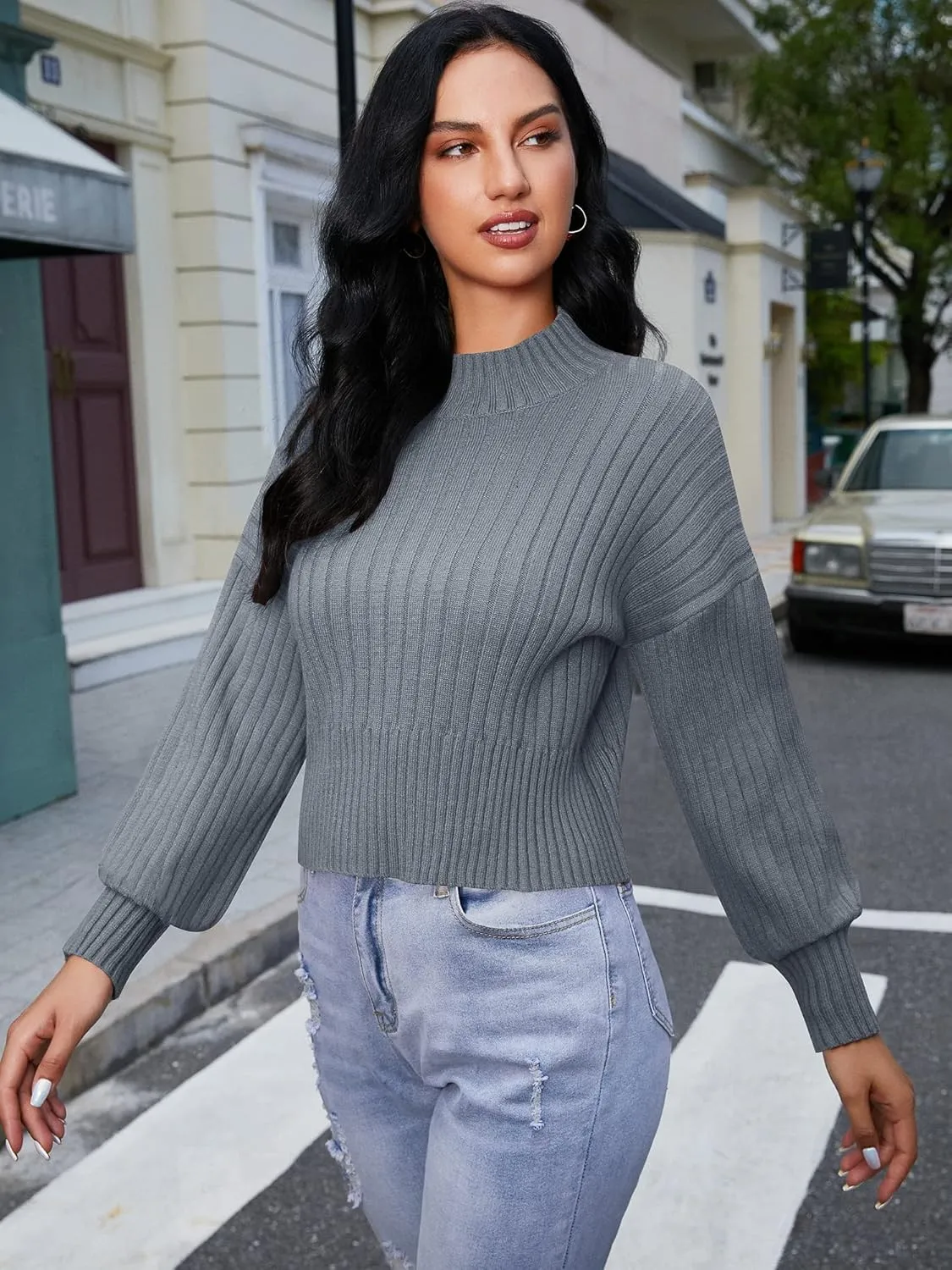 ZAFUL Women's Mock Neck Sweater Long Sleeve Ribbed Knit Basic Cropped Pullover Sweater