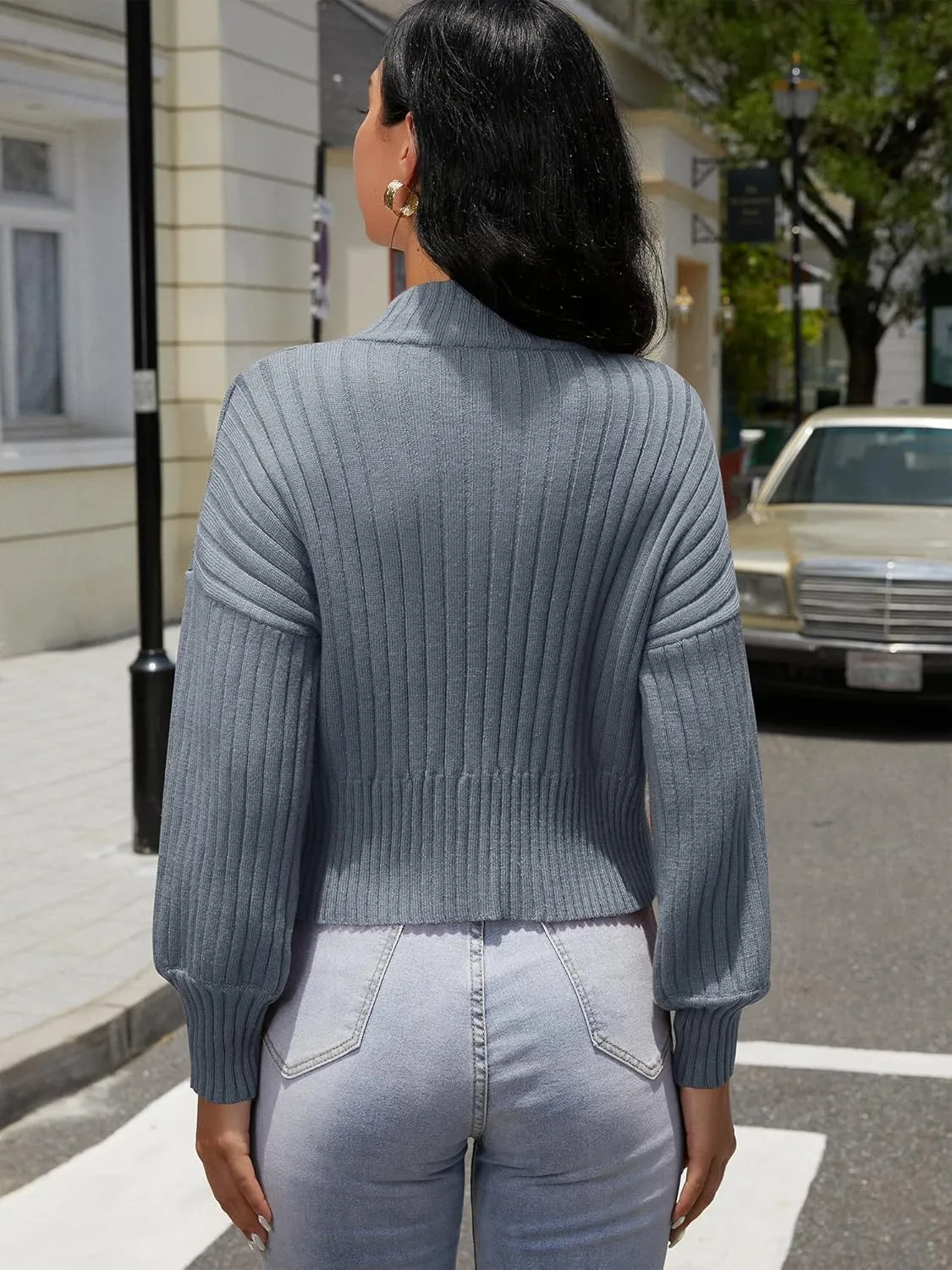 ZAFUL Women's Mock Neck Sweater Long Sleeve Ribbed Knit Basic Cropped Pullover Sweater