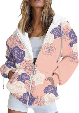 Zip Up Hoodie Long Sleeve Hooded Coat Graphic Jacket with Pockets Trendy Sweatshirts Loose Fit Hoodies