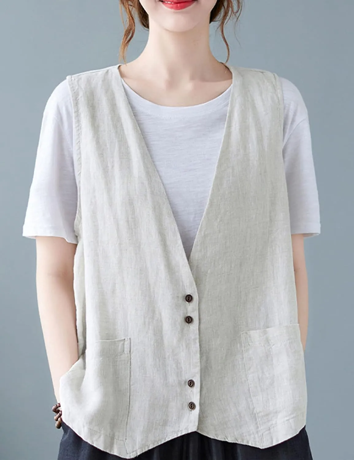 Zontroldy Womens Cotton Linen Vest Casual Loose V Neck Sleeveless Vests Jacket Blazer Waistcoat with Pockets