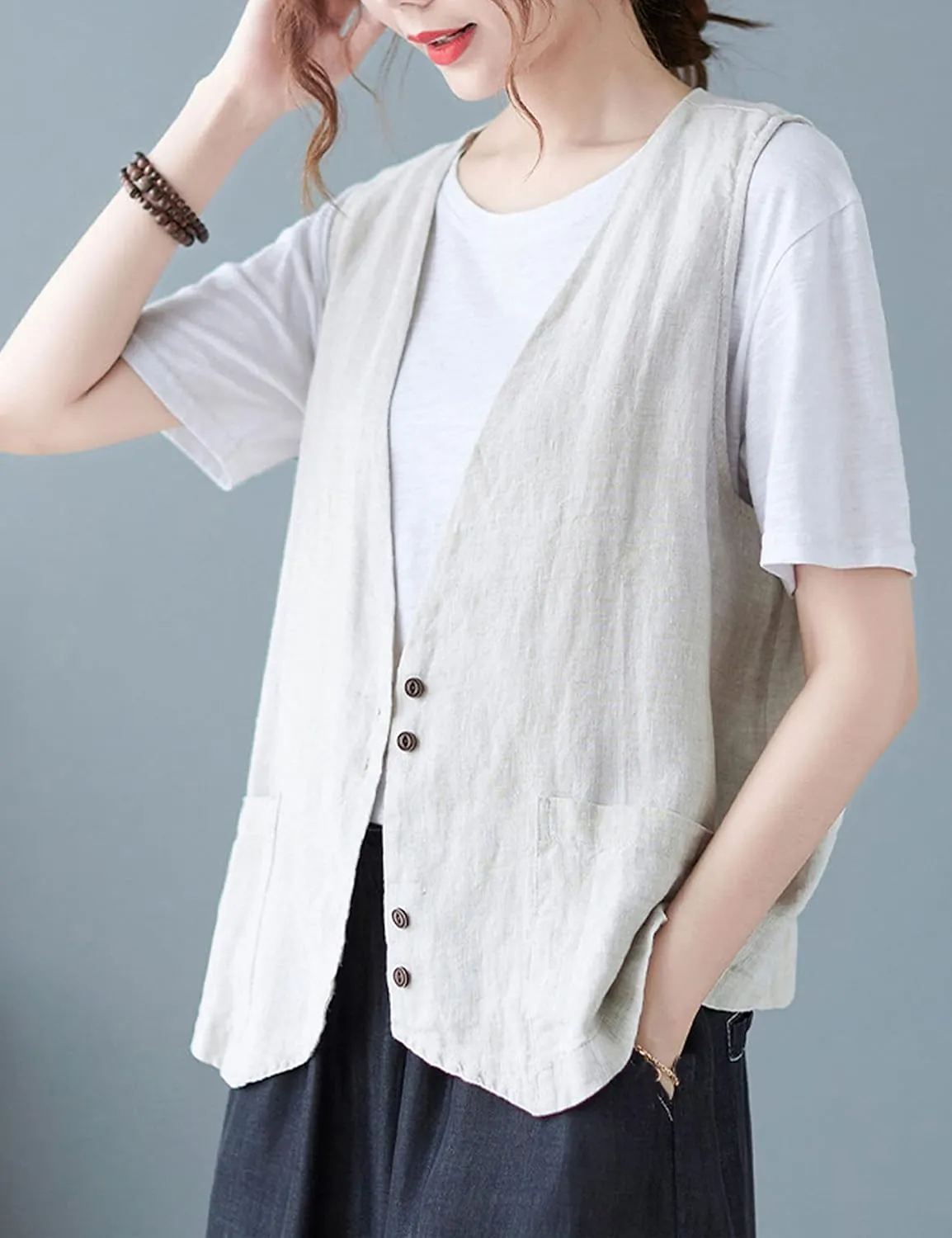 Zontroldy Womens Cotton Linen Vest Casual Loose V Neck Sleeveless Vests Jacket Blazer Waistcoat with Pockets