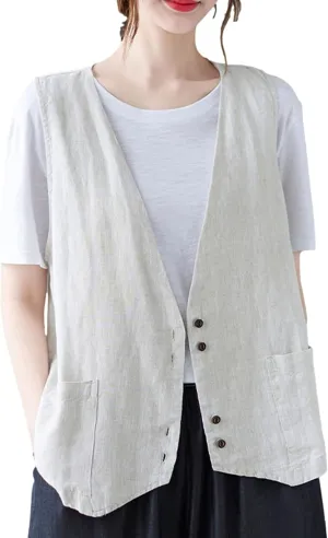 Zontroldy Womens Cotton Linen Vest Casual Loose V Neck Sleeveless Vests Jacket Blazer Waistcoat with Pockets
