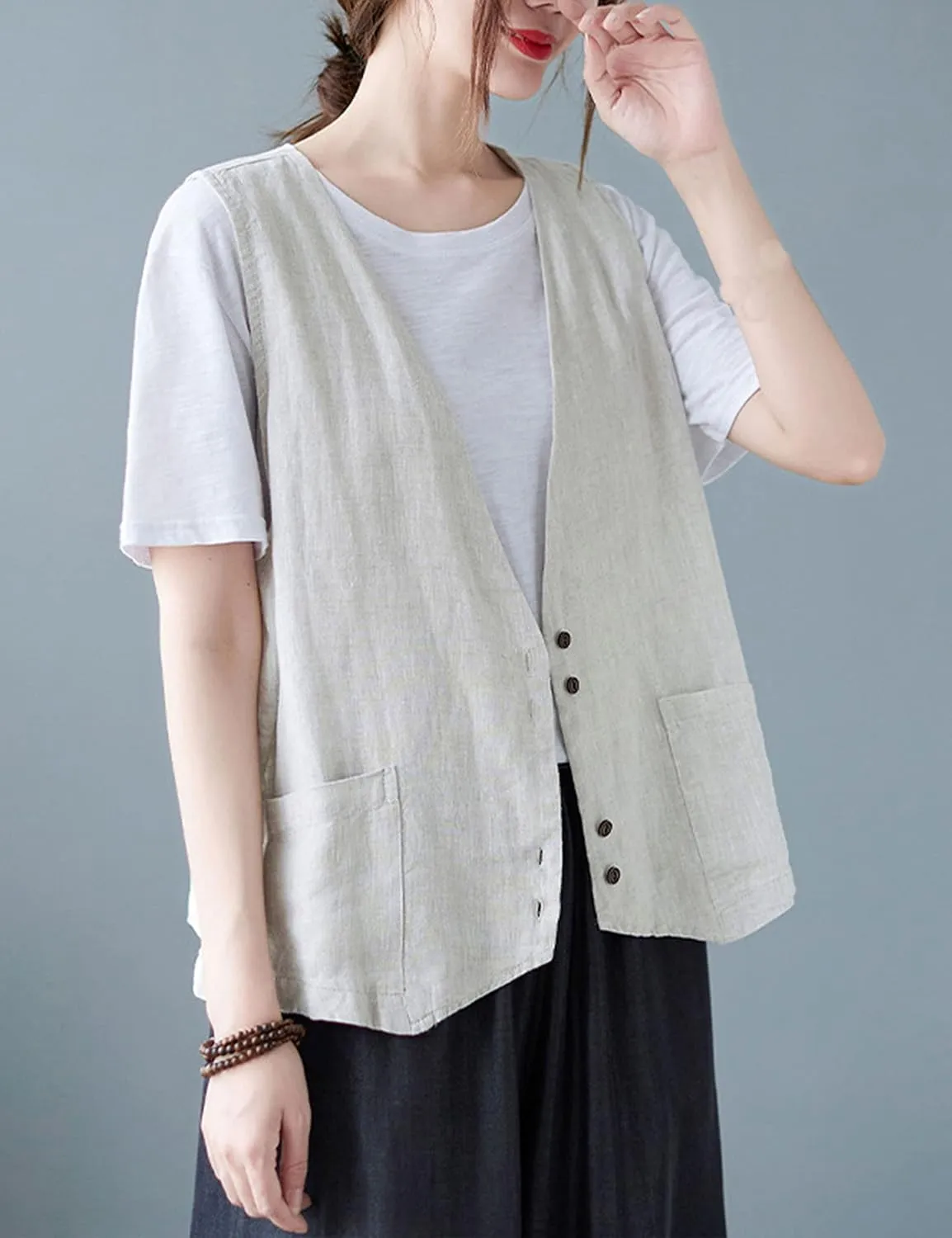 Zontroldy Womens Cotton Linen Vest Casual Loose V Neck Sleeveless Vests Jacket Blazer Waistcoat with Pockets