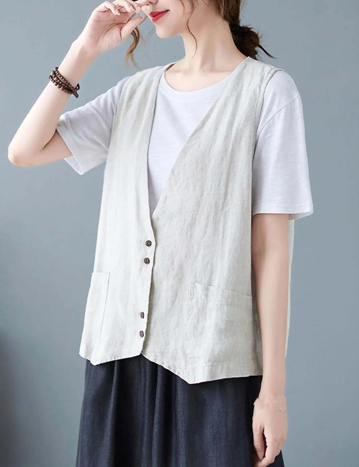 Zontroldy Womens Cotton Linen Vest Casual Loose V Neck Sleeveless Vests Jacket Blazer Waistcoat with Pockets